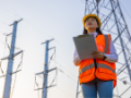 Utilities woman in a hard hat assessing powerlines