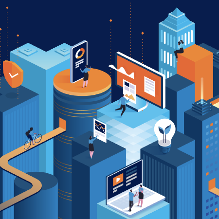 Blue orange graphic image with people, devices, charts, towers